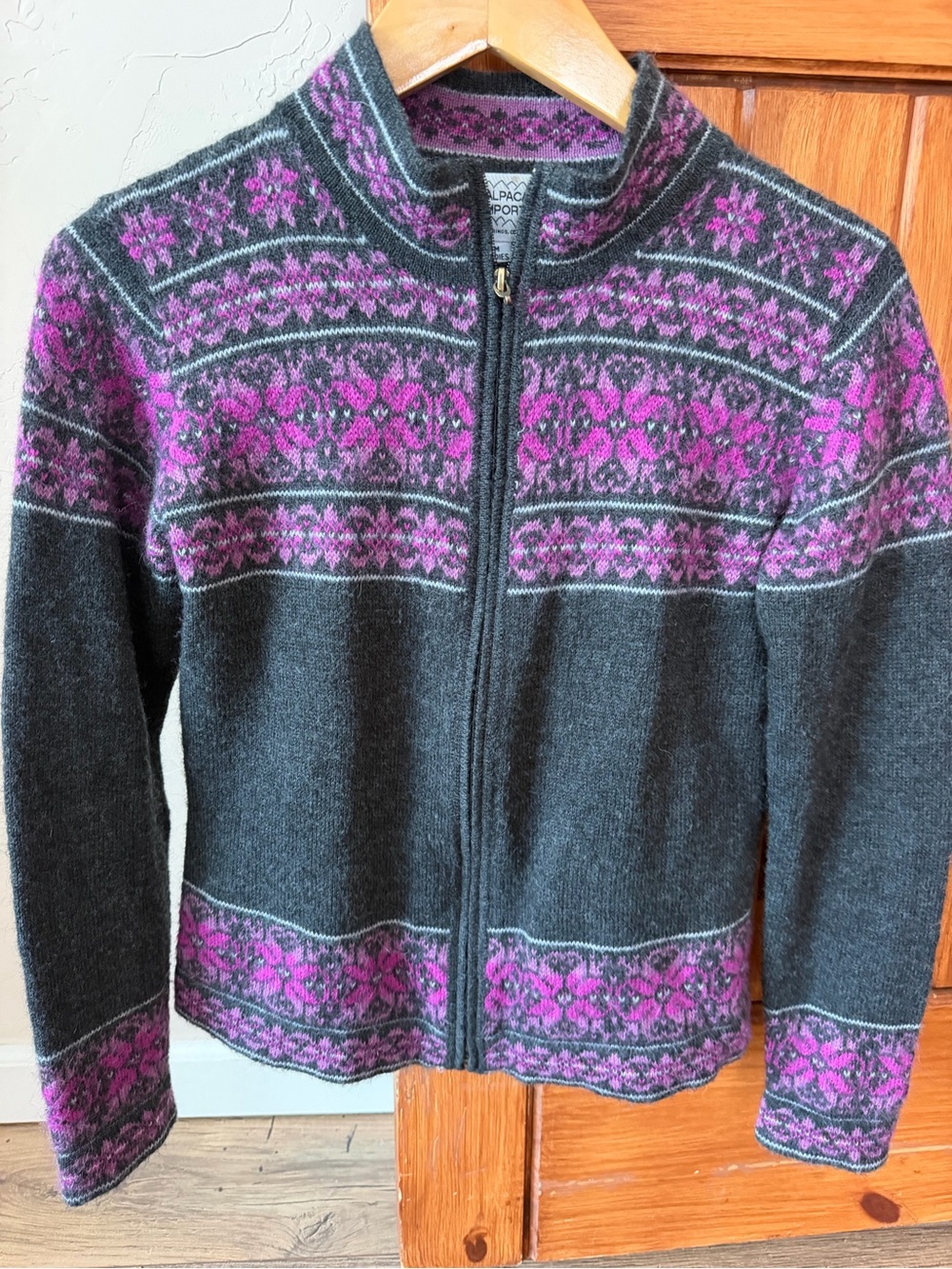 Alpaca Imports Steamboat Springs Full Zip Fair Isle Sweater Jacket magenta gray